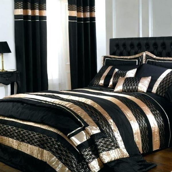 black and gold duvet cover and matching curtains bedroom design ideas