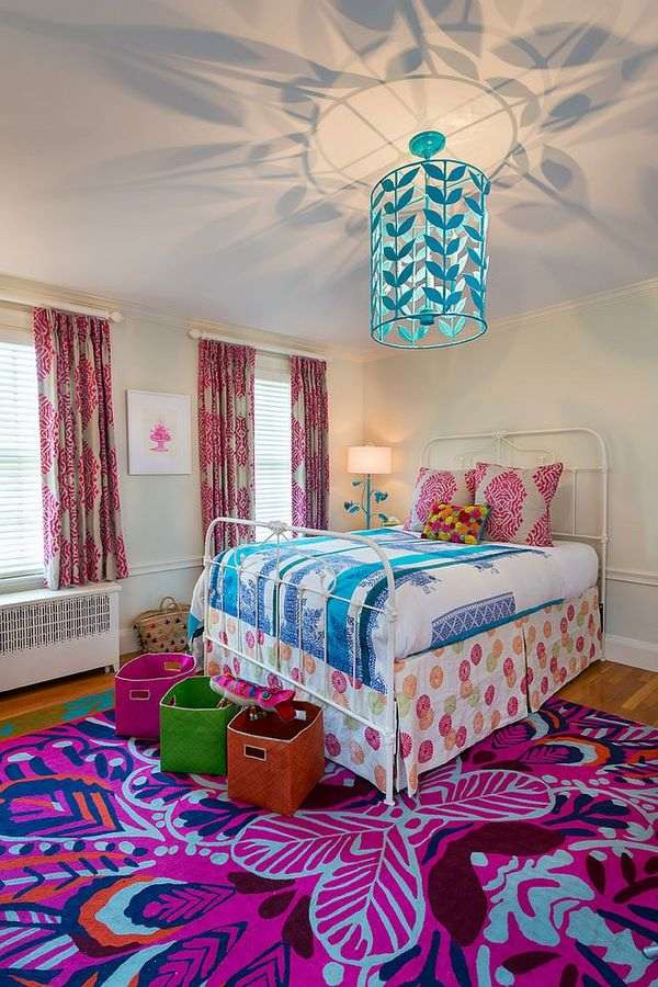 bright purple carpet with floral pattern in girls bedroom
