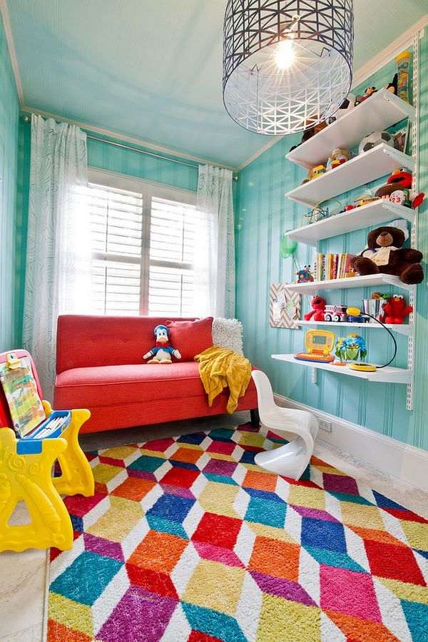 colorful carpet with 3d geometric pattern open shelves