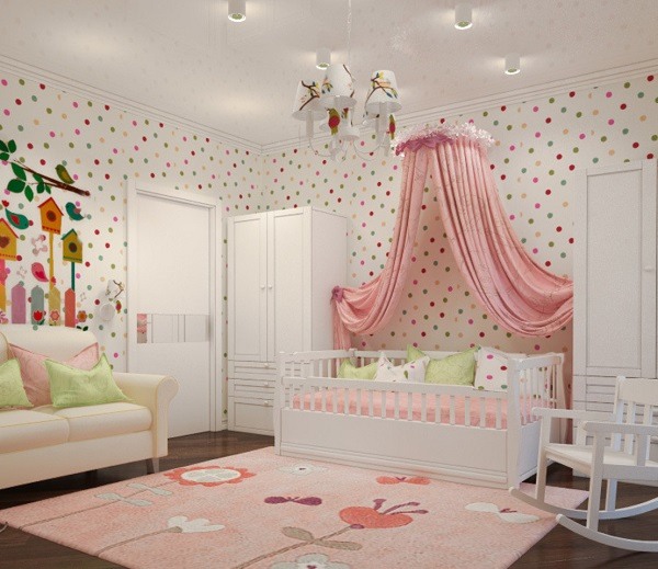 girl bedroom ideas canopy bed and dot wall decor