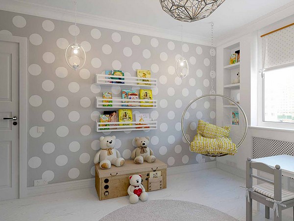 gray and white interior in nursery room with polka dot wallpaper