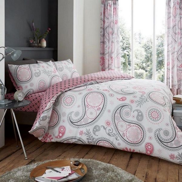 grey and pink duvet cover and curtains textile in bedroom decor