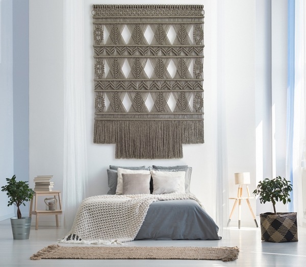 macrame with geometric pattern accent wall decorating ideas bedroom design