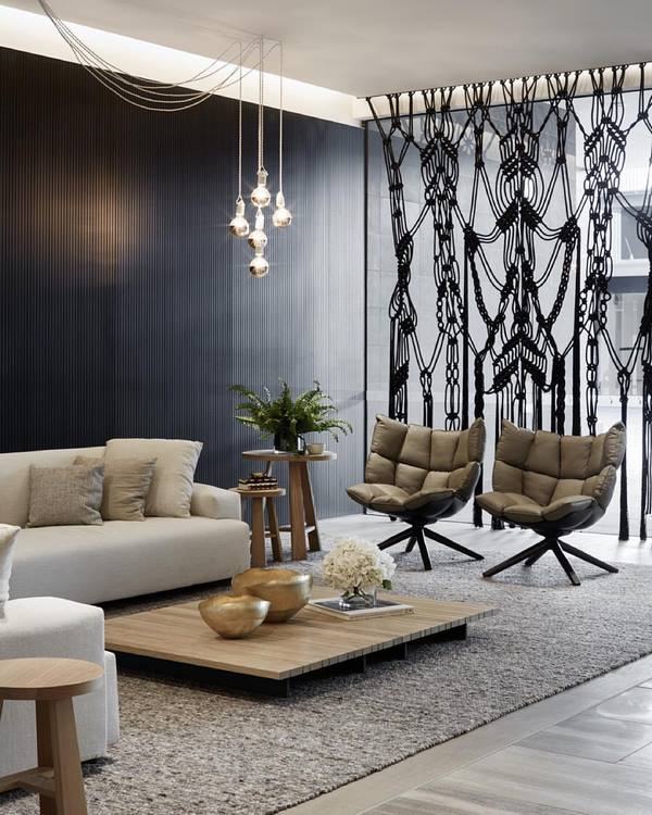original black macrame curtains in living room 