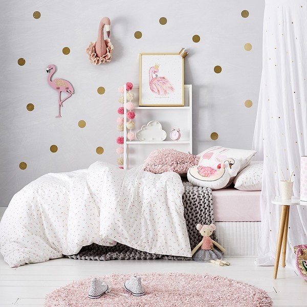 pink and white girl bedroom design with gold polka dot wallpaper