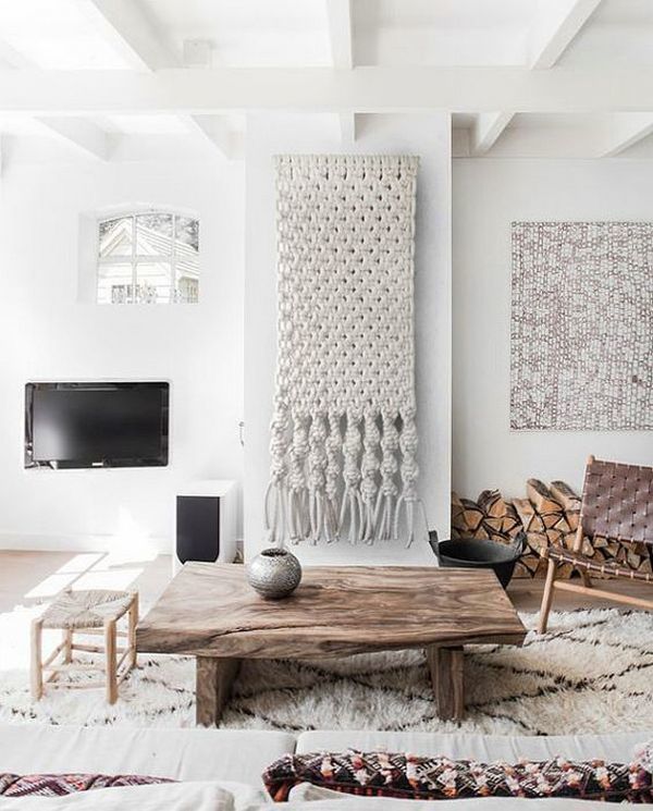 rustic living room decor with solid wood coffee table and beautiful macrame