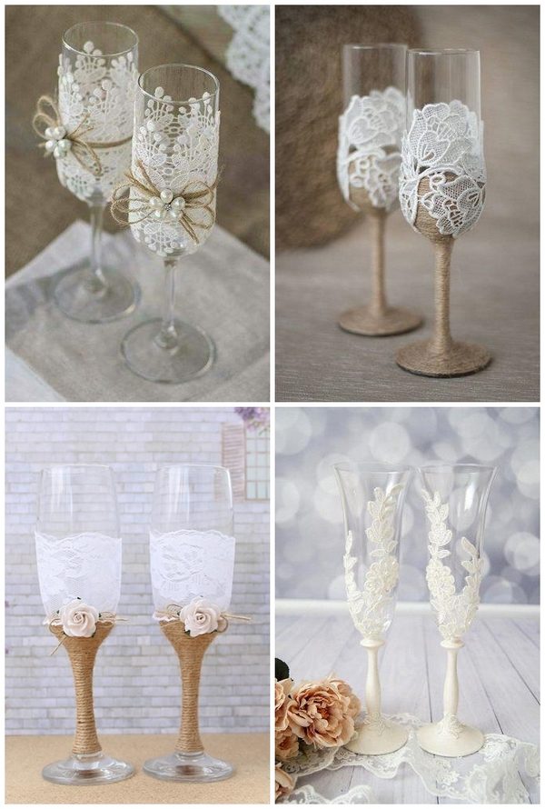 rustic style wedding decor ideas wine glasses with rope white lace and pearls