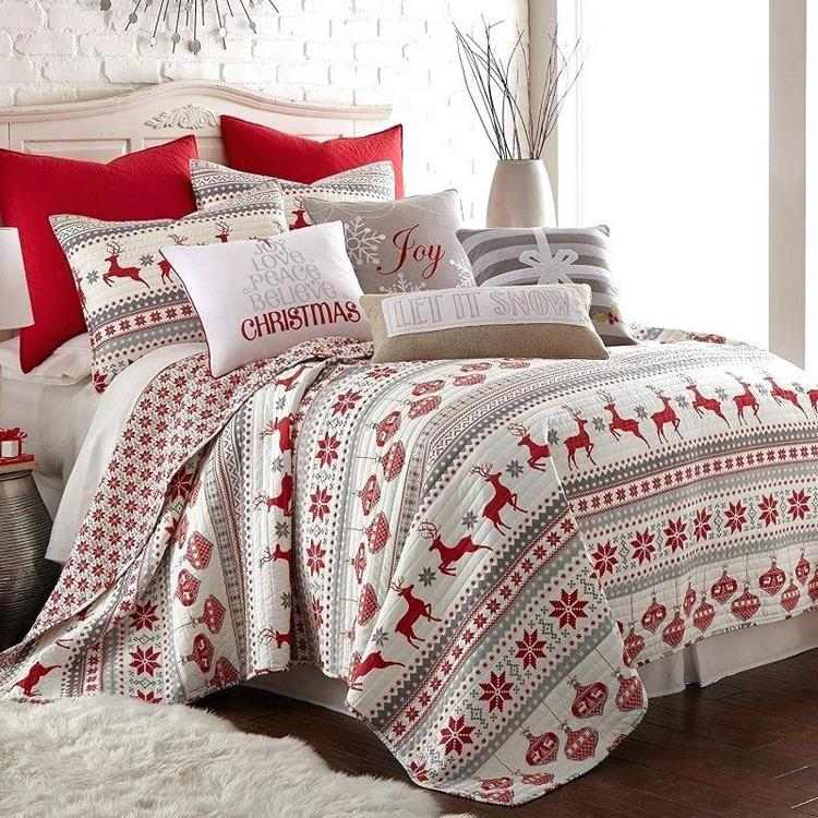 Christmas bedding sets ideas red white seasonal prints bedroom decor