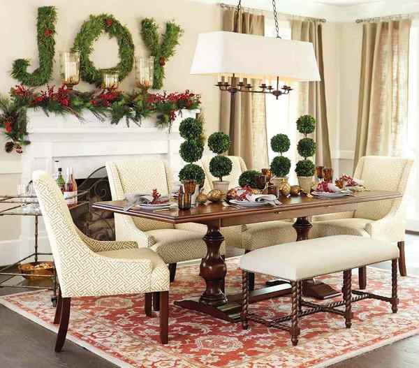 Christmas decor for dining rooms fireplace garland table topiaries