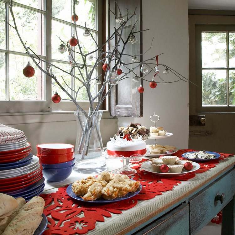 Christmas kitchen decorating ideas branches with baubles 