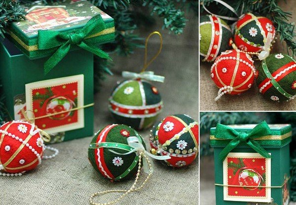 Christmas tree ornaments in traditional red and green