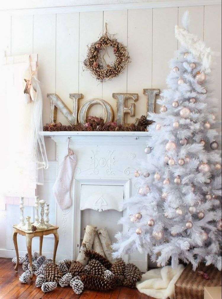 French country Christmas decorating ideas white tree wreath ornaments
