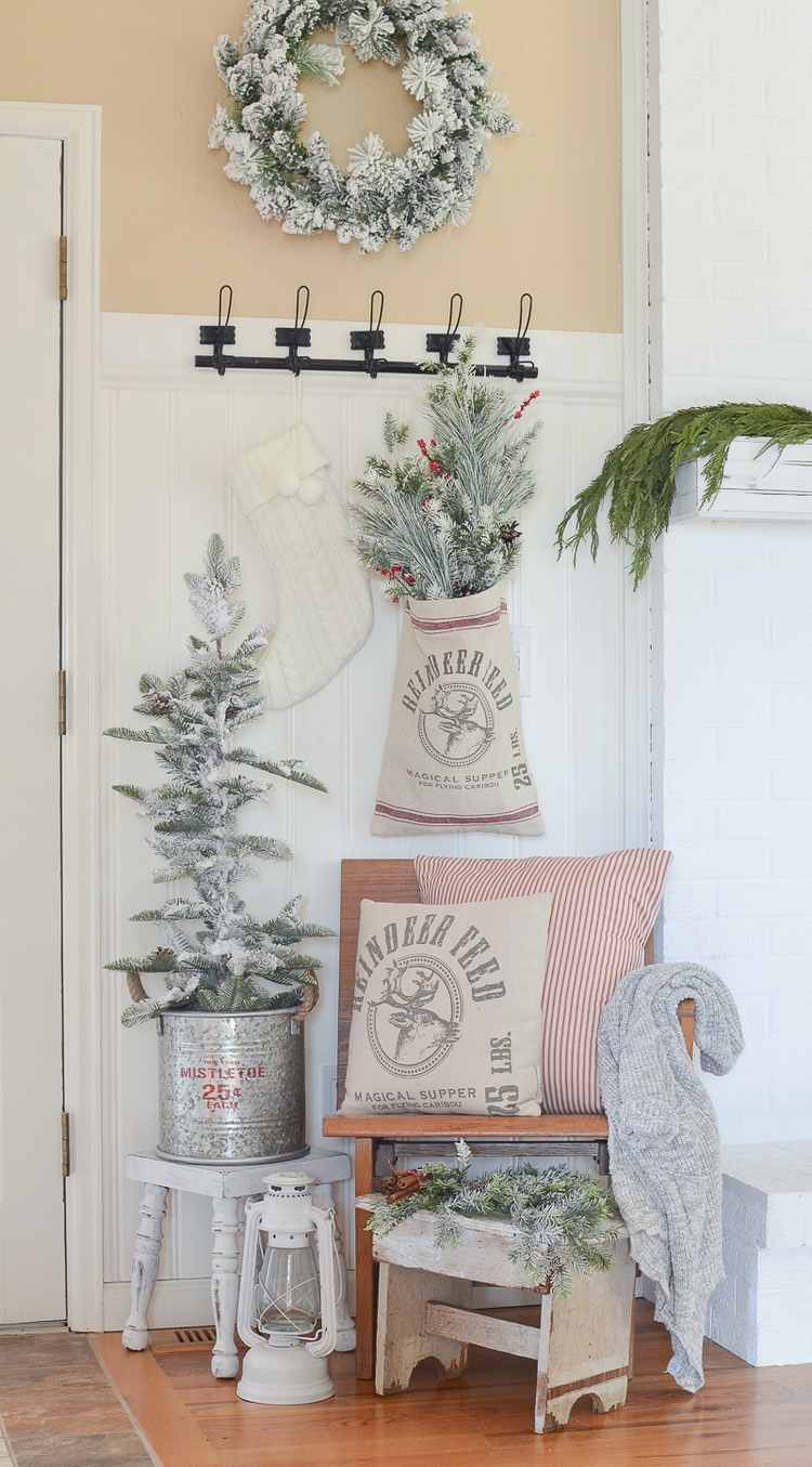 Rustic Christmas entryway decorations with natural materials and colors