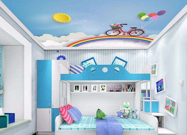 blue and white furniture in kids room with rainbow ceiling 