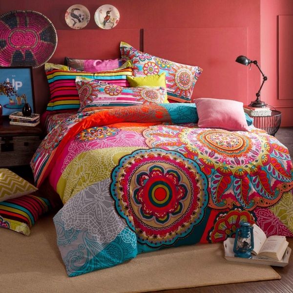 boho chic style bedroom with colorful bedding set