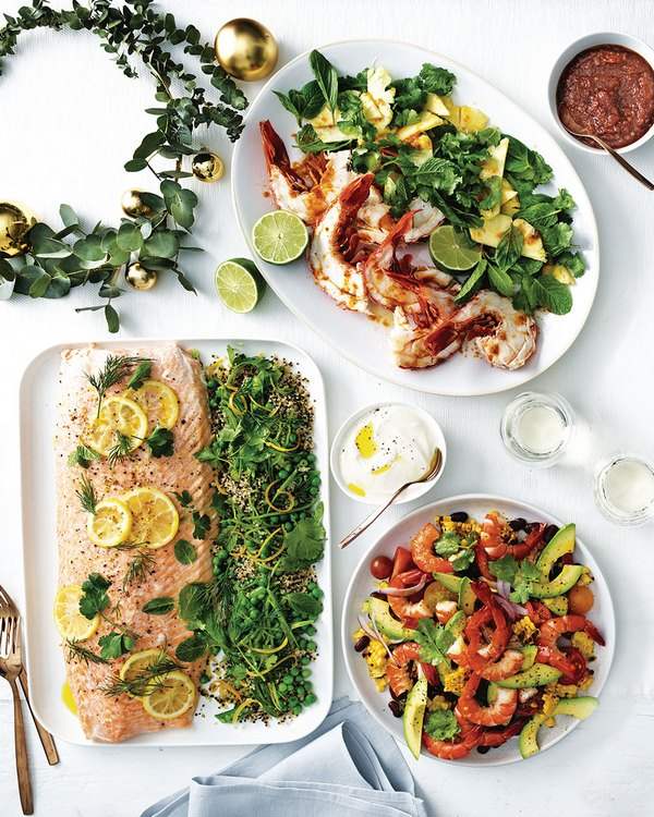 christmas brunch recipes Roast salmon with pea and quinoa salad