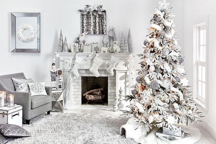 christmas decor in white living room with tree and fireplace decor ideas