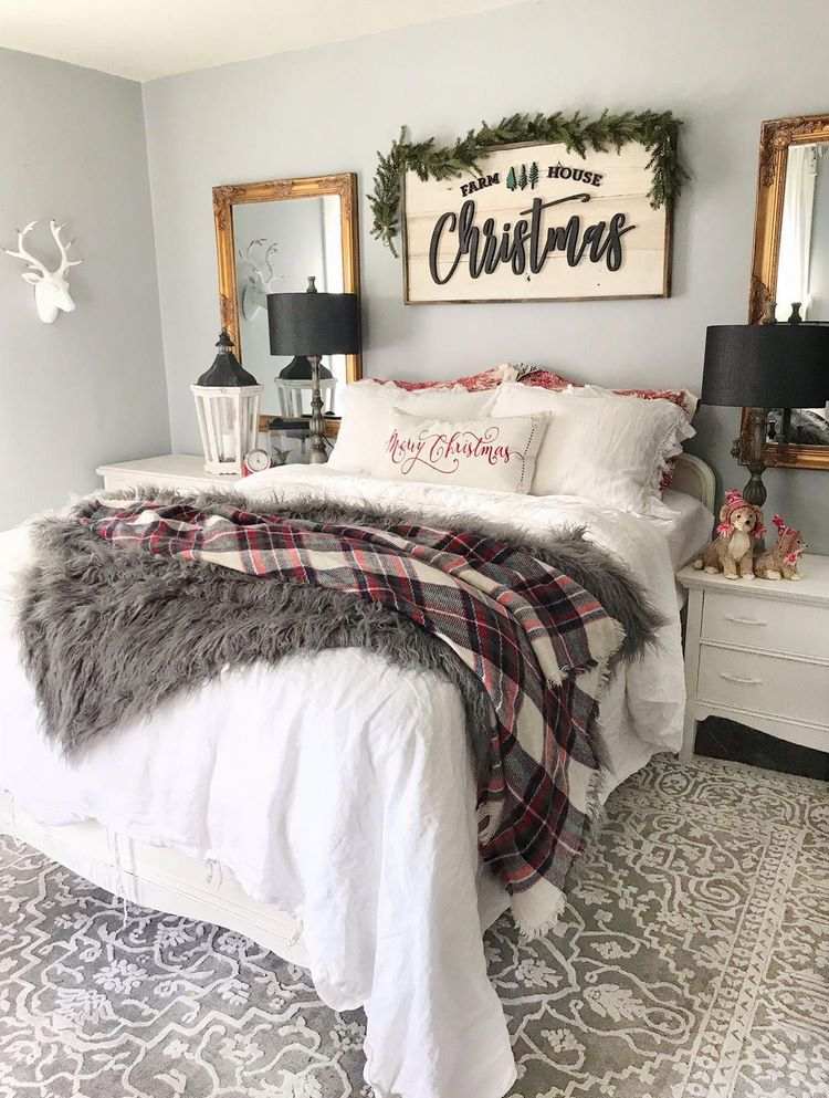 cozy bedroom Christmas decor ideas fir plaid lantern garland