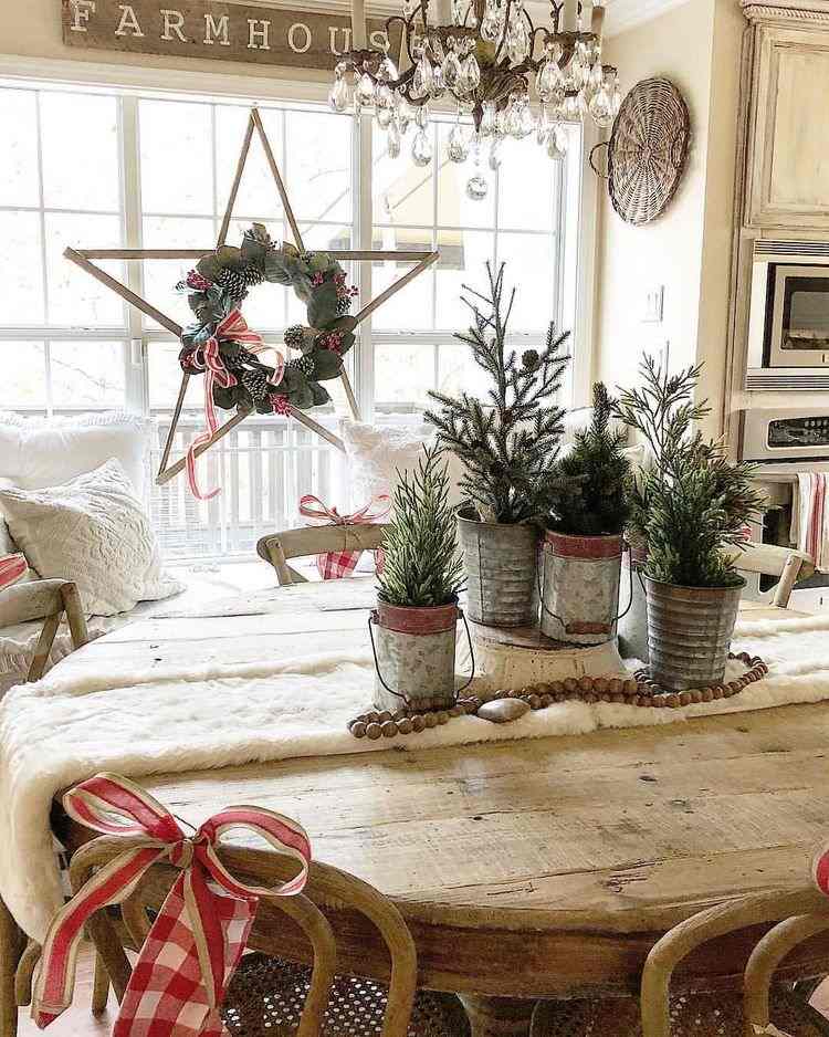 farmhouse Christmas decor ideas tabletop trees and wreath on the window