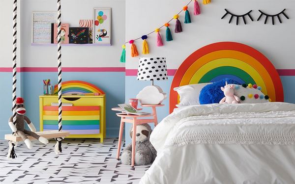 rainbow furniture bed headboard chest of drawers kids room decor ideas