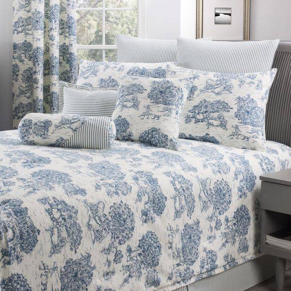 stylish blue white bed sheets and matching curtains