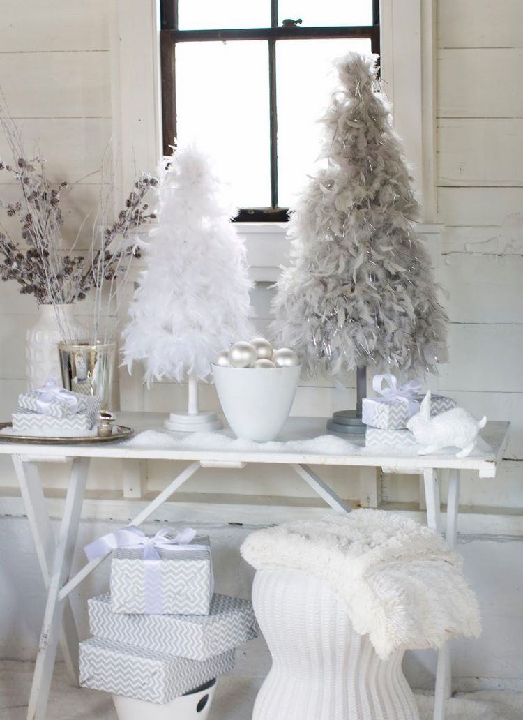 white Christmas decoration ideas entryway window tabletop trees and ornaments