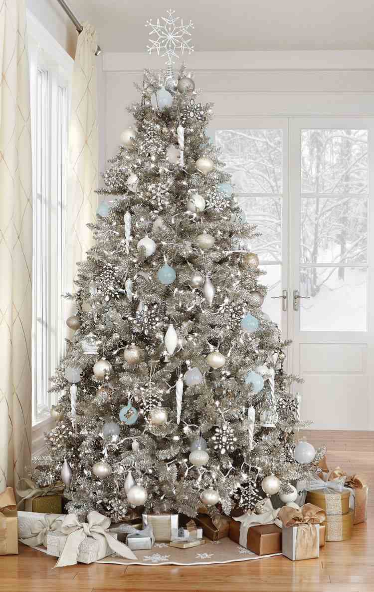 white and silver Christmas tree ornaments blue accents