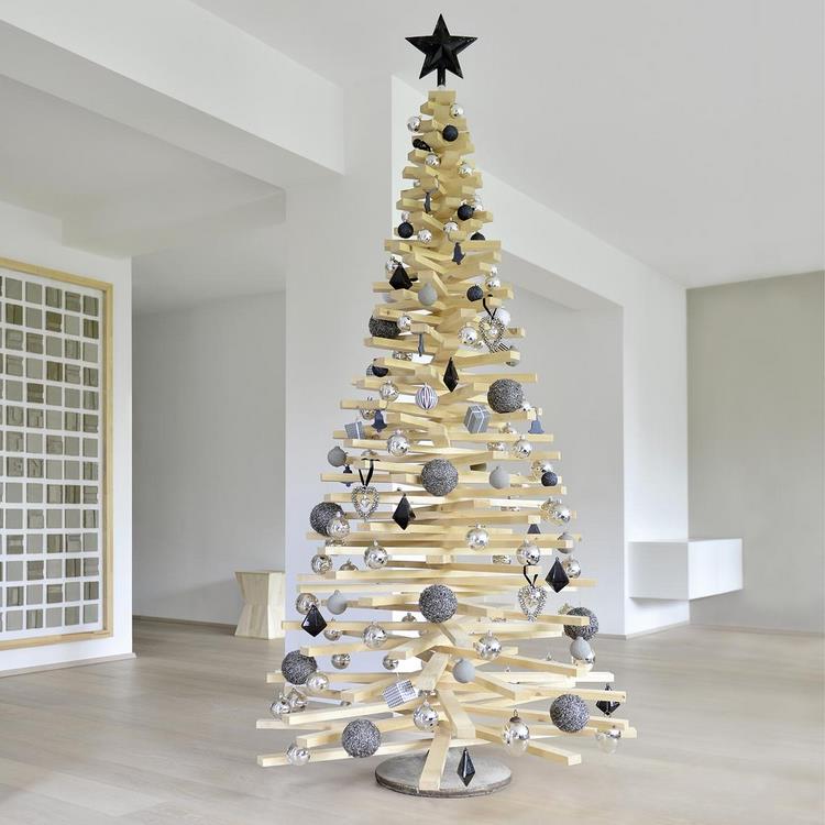 wooden Christmas tree with ornaments contemporary decor ideas
