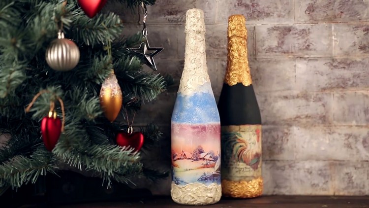 Christmas gift ideas wine and champagne bottle decorating decoupage