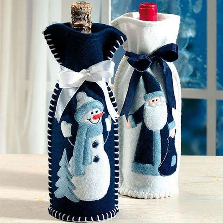 Christmas wine bottle decorating ideas blue and white sleeves