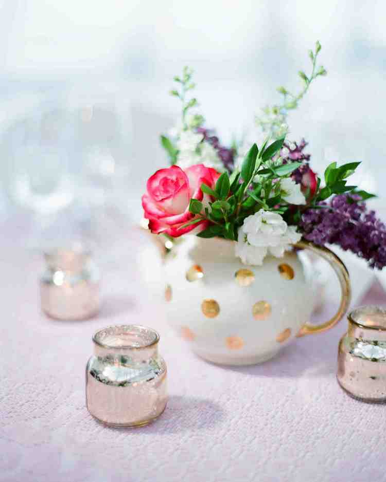 DIY wedding table centerpiece teapot flower arrangement