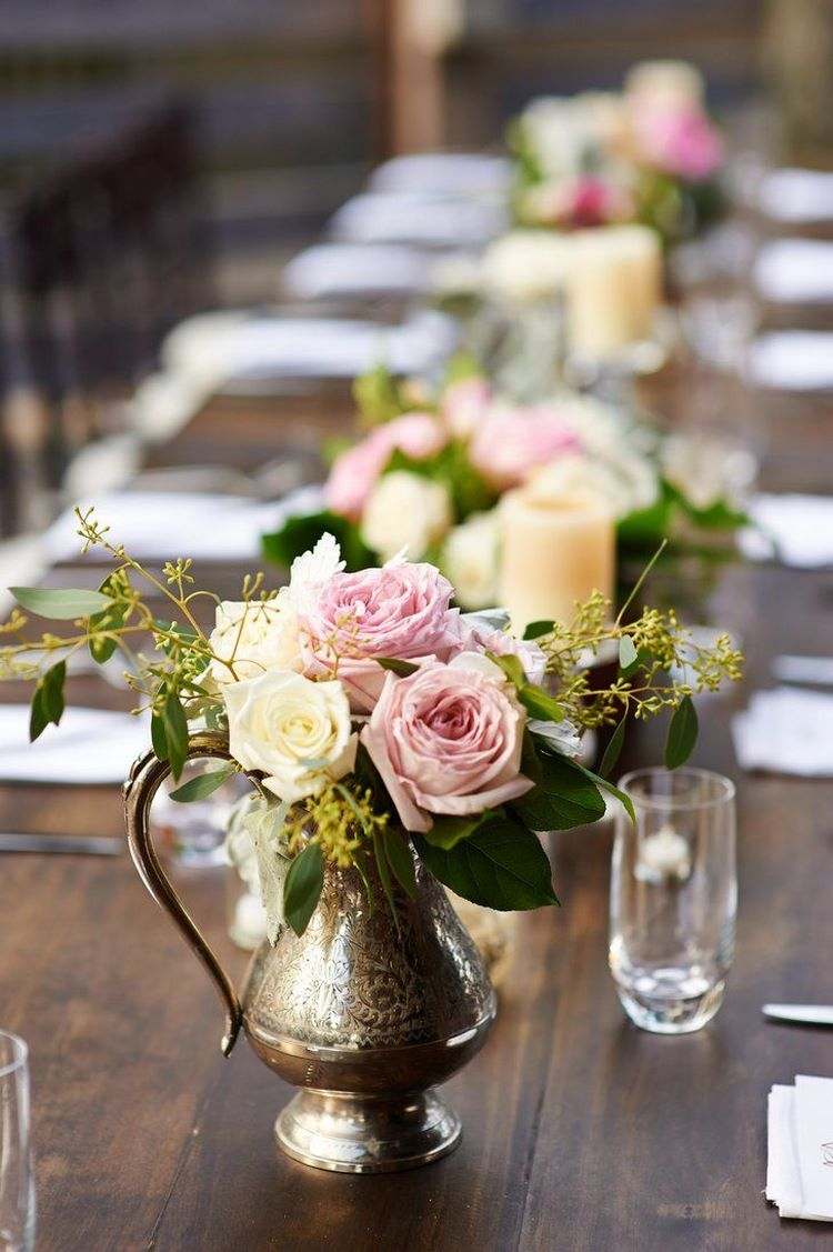 DIY wedding table centerpieces floral arrangements in metal teapots