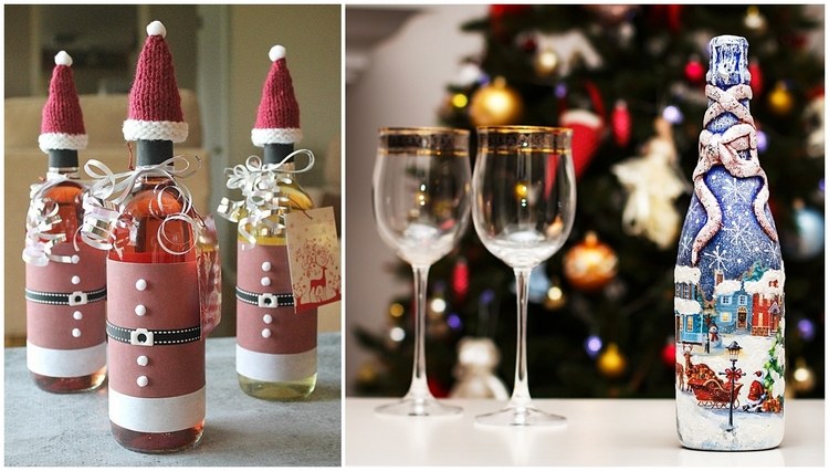 Wine bottle decorating ideas Santa hats and costume winter themed decoupage