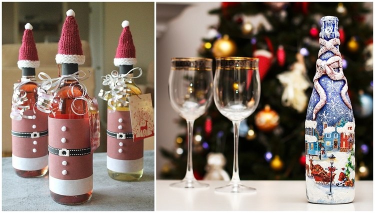 Wine-bottle-decorating-ideas-Santa-hats-and-costume-winter-themed-decoupage