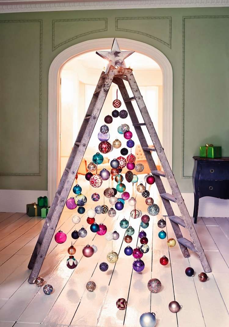 alternative christmas tree made of ladder decorated with baubles