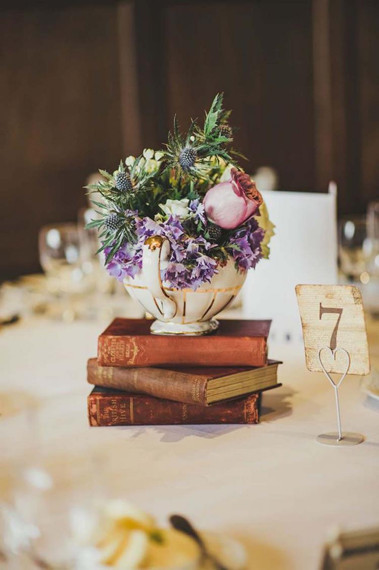 fairytale wedding table decorating ideas books and teapot centerpiece