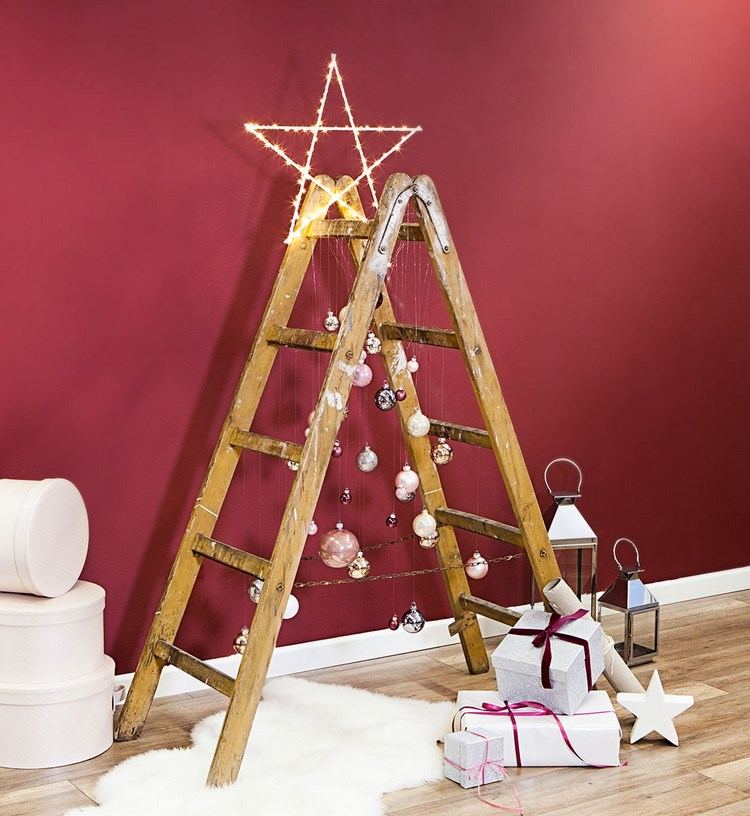 creative Christmas decor ideas alternative Christmas tree ideas wooden ladder and ornaments