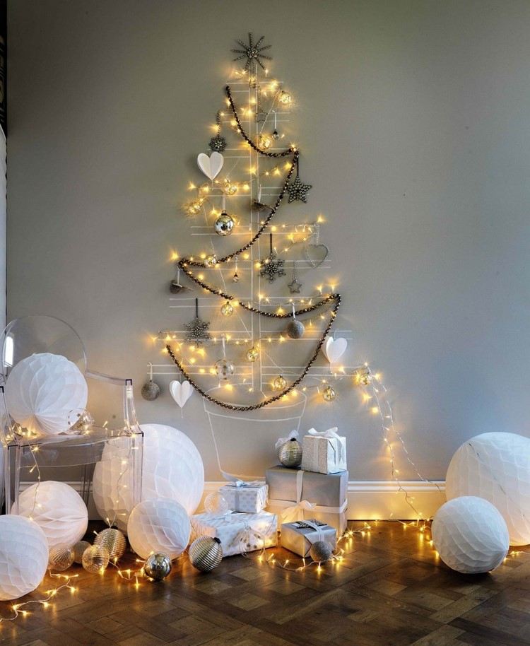 fantastic alternative wall Christmas tree ideas drawing string lights and garlands