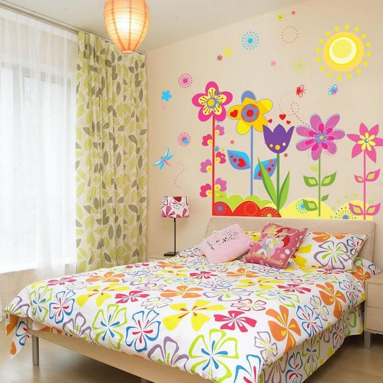 girl bedroom decorating ideas floral bed sheets and wall decals in bright colors