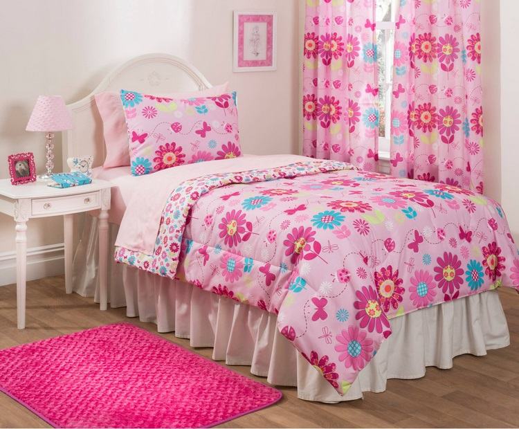 flower themed girls room interior design ideas bedding set and curtains
