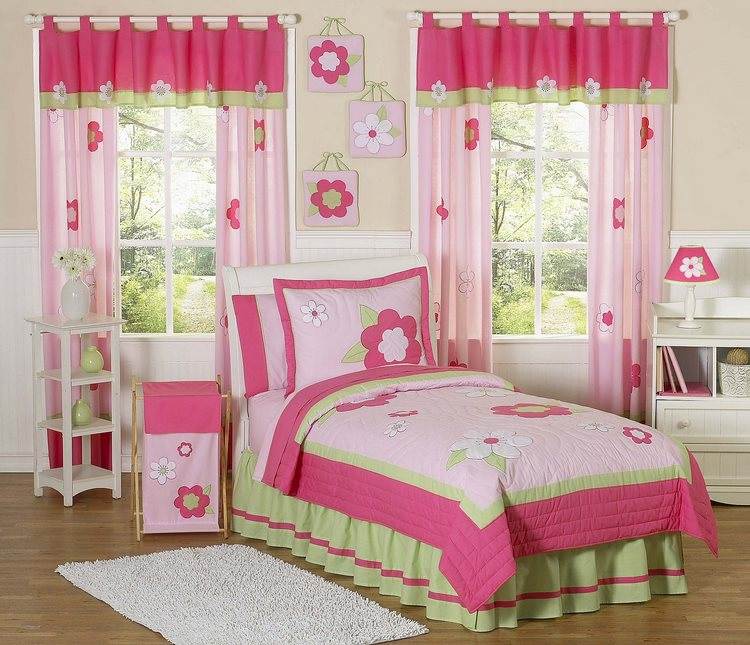 flower themed girls room interior design ideas pink green bedding and curtains