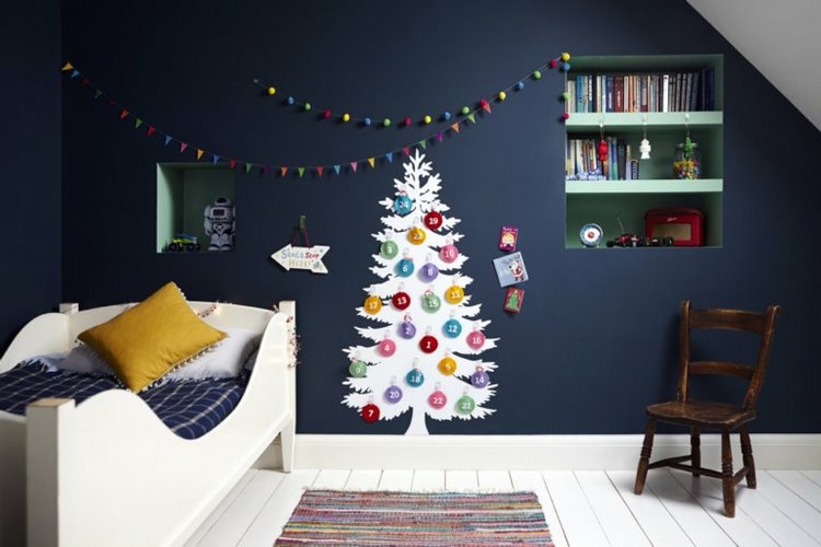 kids bedroom Christmas wall decorating ideas tree ornaments garland