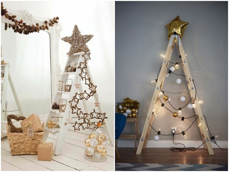 ladder Christmas trees decorating ideas with lights and ornaments