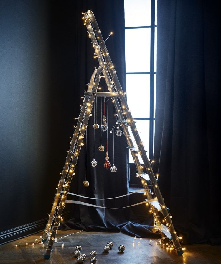 original alternative ladder Christmas tree decorated with lights 