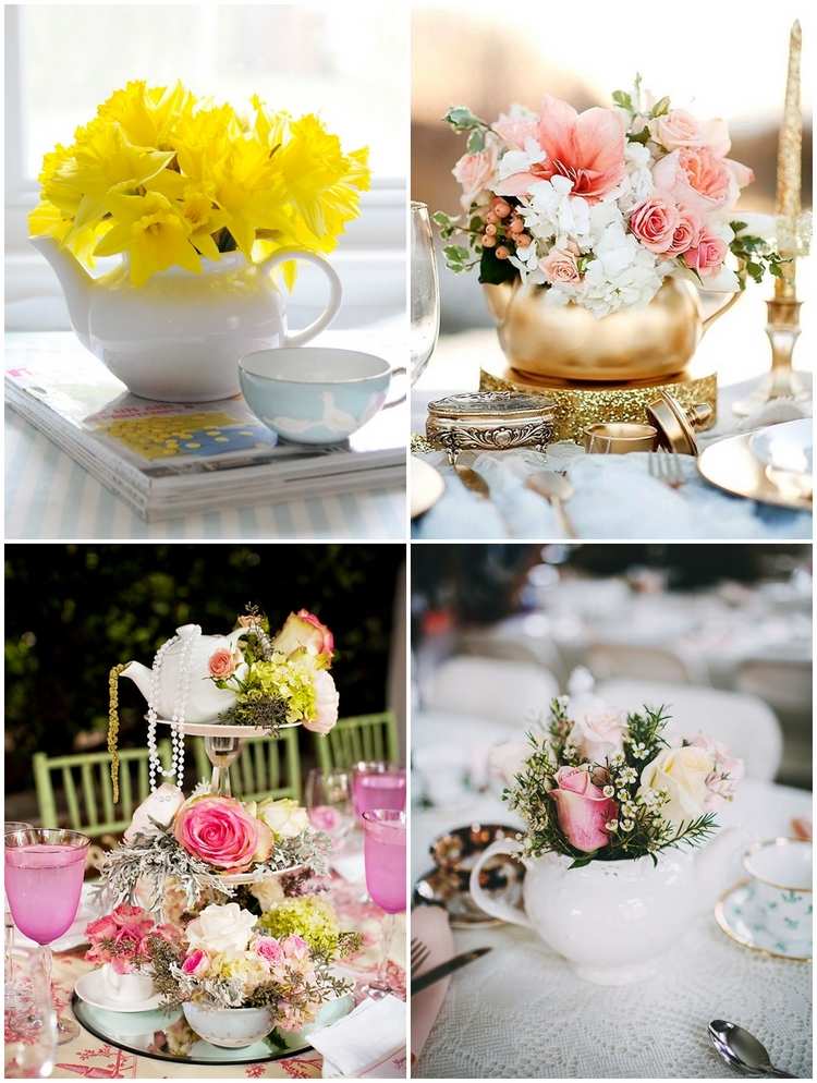 romantic table decorating ideas DIY teapot vase centerpiece ideas
