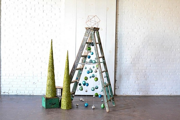 unique alternative Christmas trees ideas wooden ladder and ornaments
