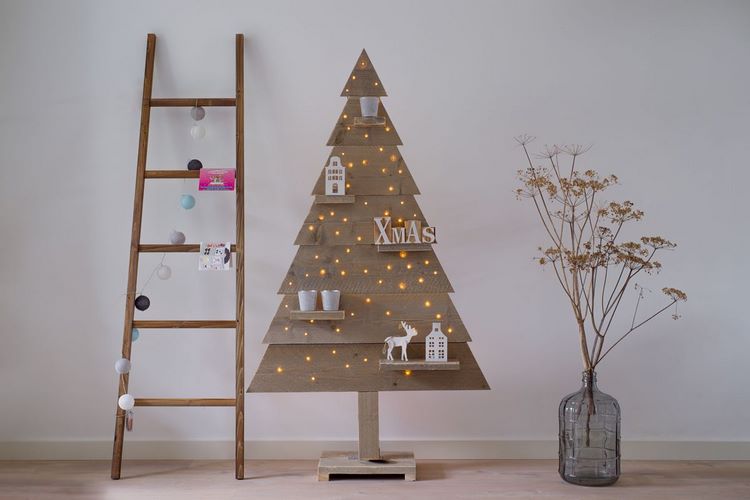 wooden Christmas tree with shelves home decor with natural materials