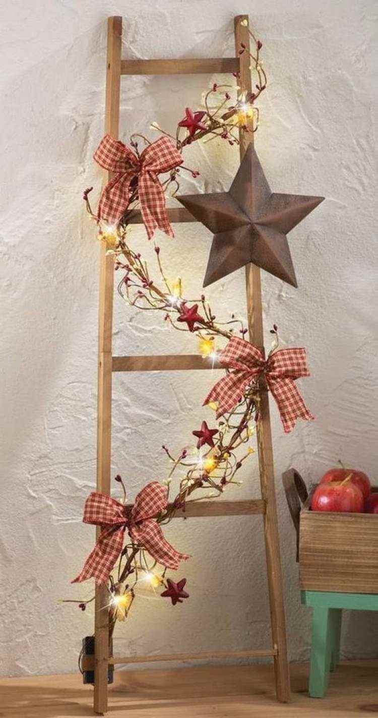 wooden ladder decorated for Christmas front porch ideas