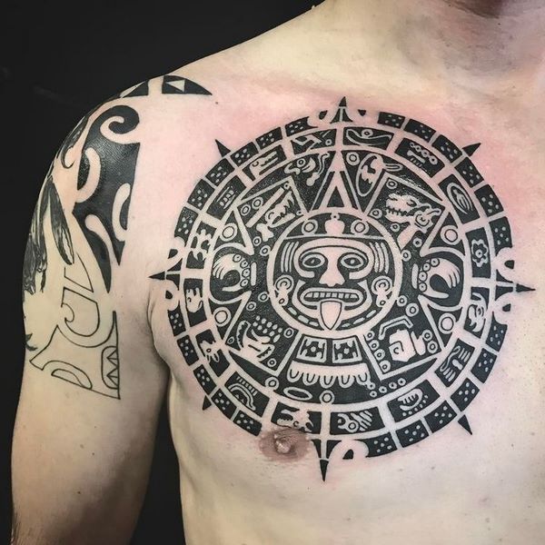 Aztec calendar chest tattoo masculine tattoos