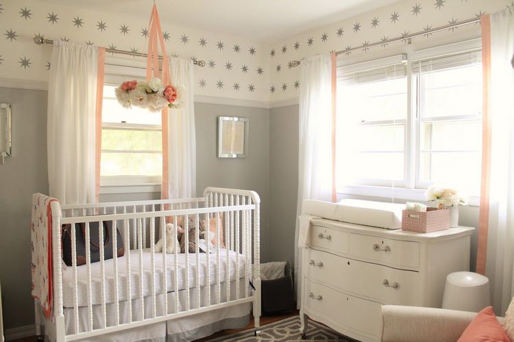 Grey and peach nursery decorating ideas and white furniture